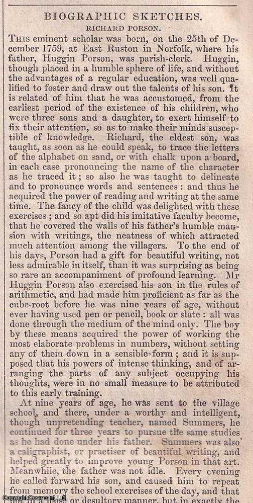 Item #356946 A Biographic Sketch of Richard Porson, a remarkable 18th century scholar , the son of a parish clerk in Norfolk. Published by W. & R. Chambers, June 6, 1840, No. 436. 1840. Chambers' Edinburgh Journal.