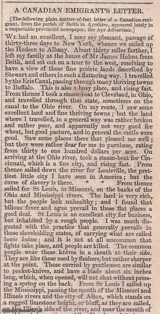 Item #356953 A Canadian Emigrant's Letter to Home (Beith, Ayrshire). Published by W. & R. Chambers, 1st August, 1840, No. 444. 1840. Chambers' Edinburgh Journal.