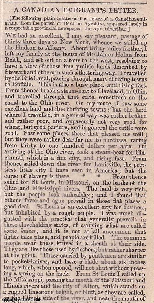 Item #356953 A Canadian Emigrant's Letter to Home (Beith, Ayrshire). Published by W. &...