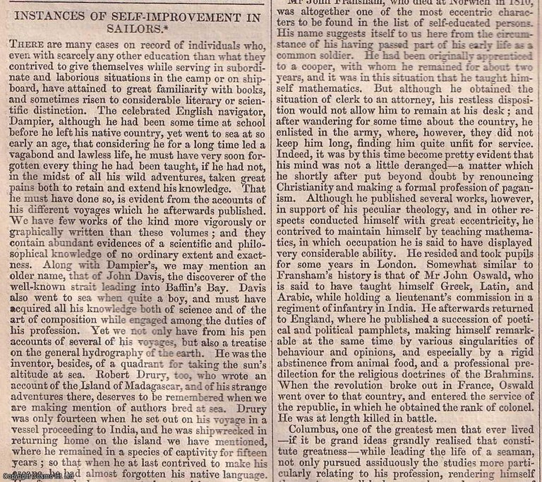 Item #356956 Instances of Self Improvement in Sailors. Published by W. & R. Chambers, 22 August, 1840, No. 447. 1840. Chambers' Edinburgh Journal.
