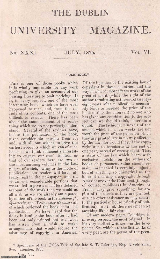 Item #356992 Coleridge's Table Talk, part 1. A rare original article from the Dublin University Magazine, 1835. John Anster.