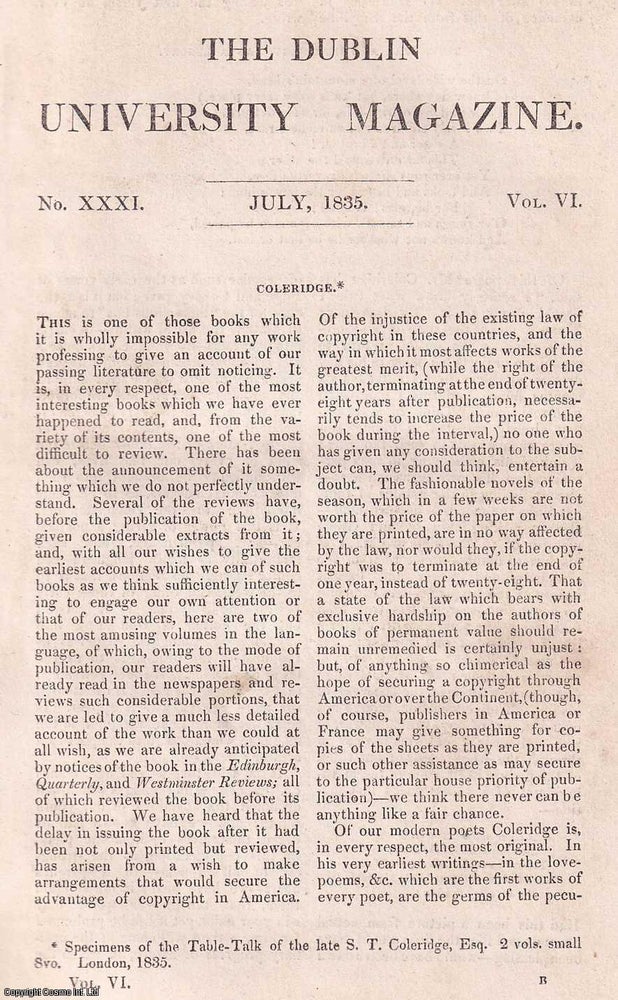Item #356992 Coleridge's Table Talk, part 1. A rare original article from the Dublin...
