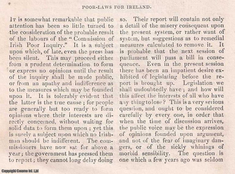 Item #356993 Poor Laws for Ireland. A rare original article from the Dublin University Magazine, 1835. Stated.