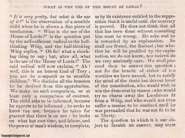 Item #356995 What is the Use of the House of Lords ? A rare original article from the Dublin...
