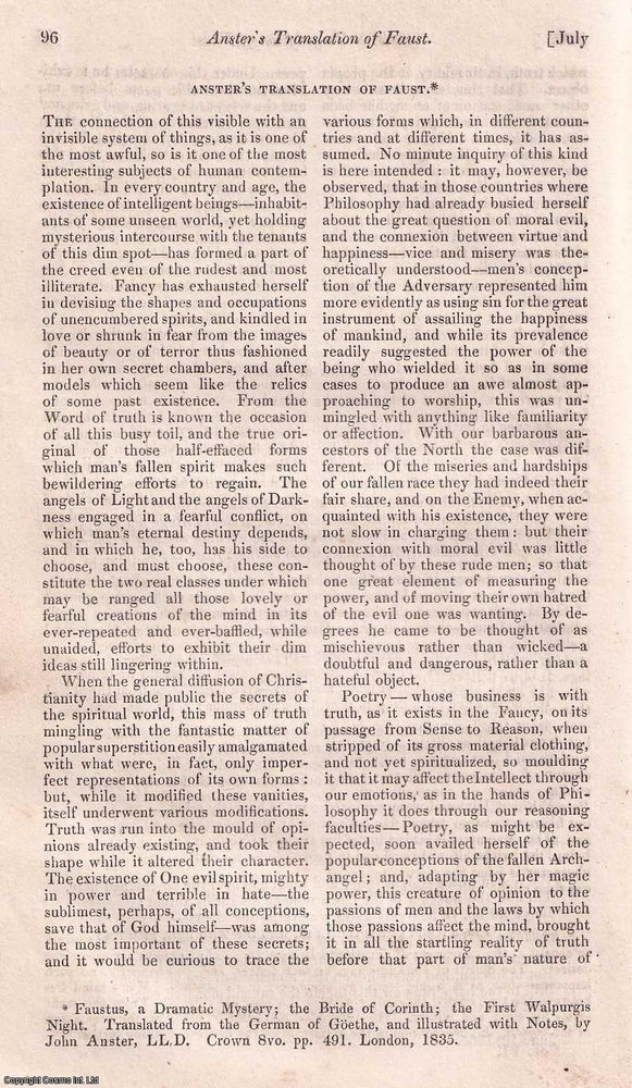 Item #356997 Anster's Translation of Faust. A rare original article from the Dublin...