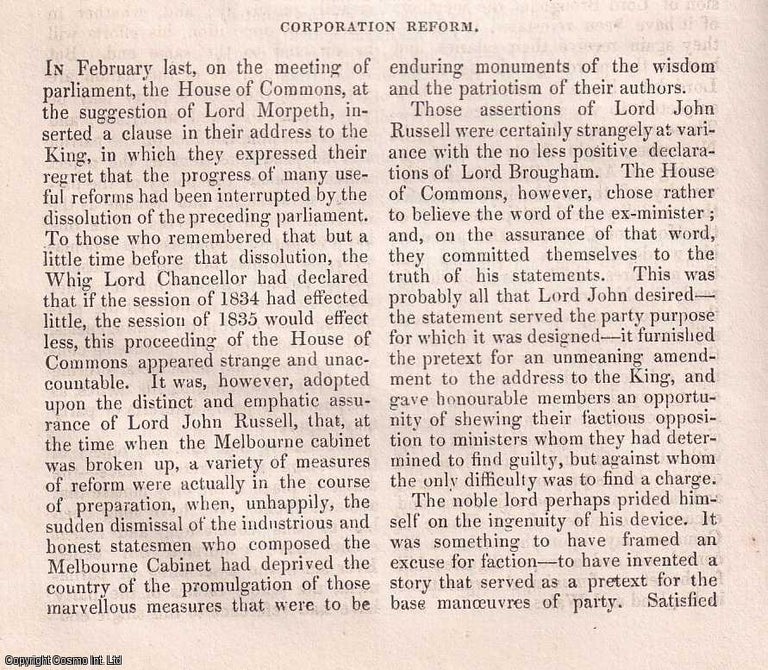 Item #356998 Corporation Reform. A rare original article from the Dublin University Magazine,...