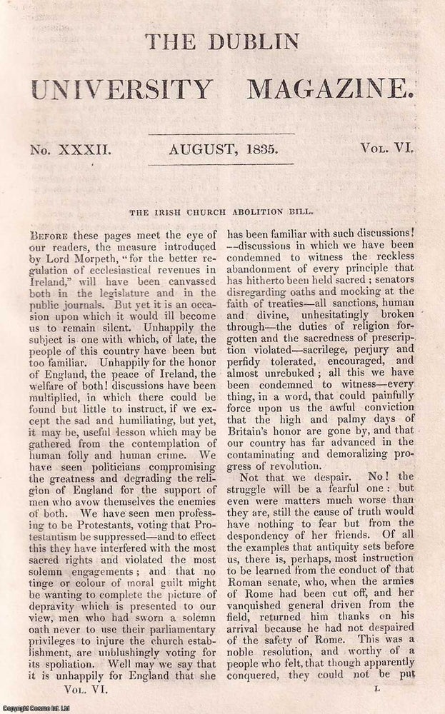 Item #356999 The Irish Church Abolition Bill. A rare original article from the Dublin University Magazine, 1835. Samuel O'Sullivan.
