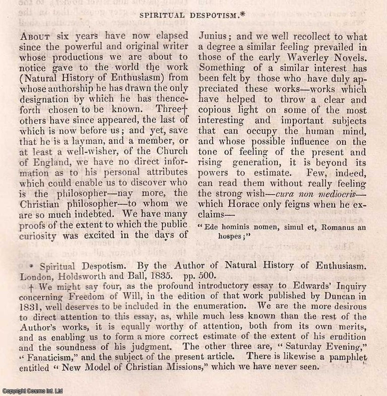 Item #357004 Spiritual Despotism, by Isaac Taylor. A rare original article from the Dublin University Magazine, 1835. W A. Butler.