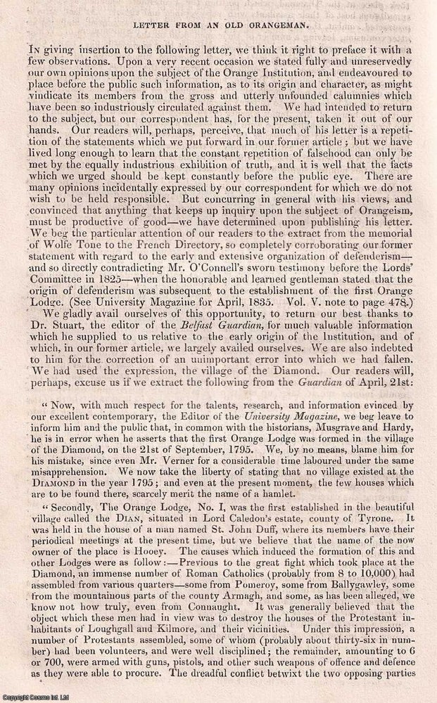 Item #357006 Letter from an Old Orangeman (part 1). A rare original article from the Dublin University Magazine, 1835. Co. Down Montanus.