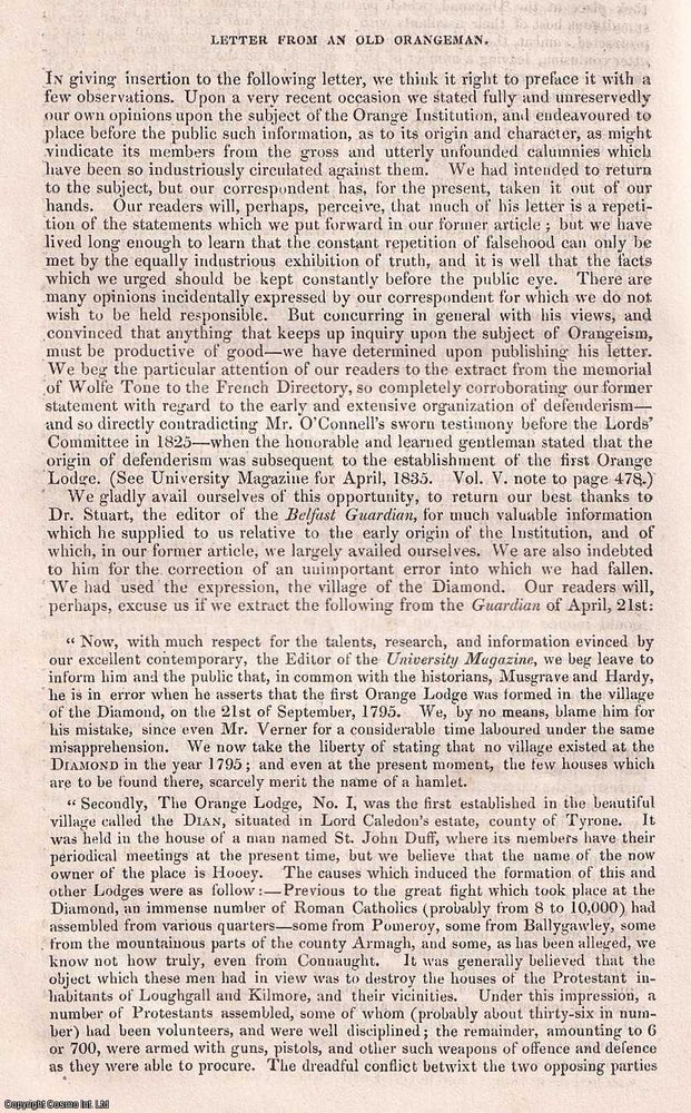 Item #357006 Letter from an Old Orangeman (part 1). A rare original article from the Dublin...