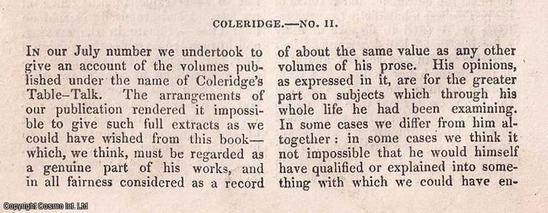 Item #357009 Coleridge's Table Talk, part 2. A rare original article from the Dublin...