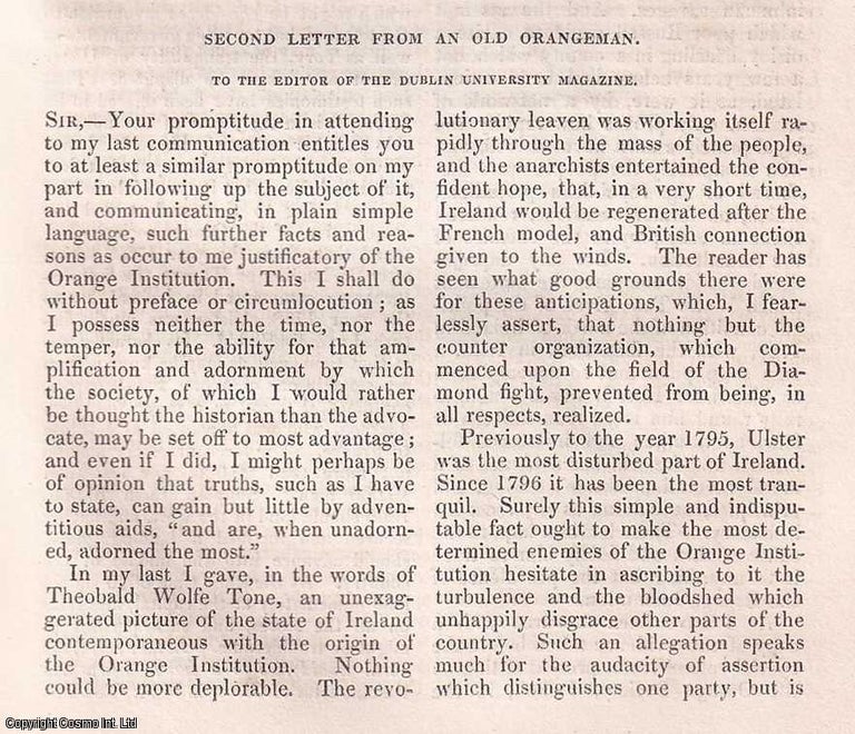 Item #357010 Letter From an Old Orangeman (part 2) A rare original article from the Dublin University Magazine, 1835. Co. Down Montanus.