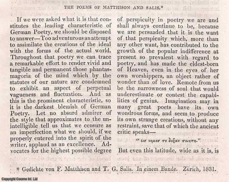 Item #357018 Anthologia Germanica. (No.4) : The Poems of Matthisson & Salis. A rare original article from the Dublin University Magazine, 1835. J C. Mangan.