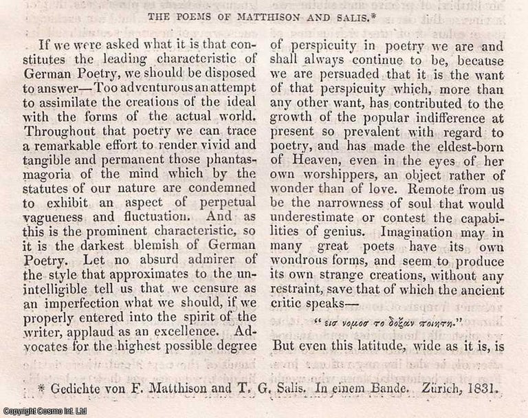 Item #357018 Anthologia Germanica. (No.4) : The Poems of Matthisson & Salis. A rare original...