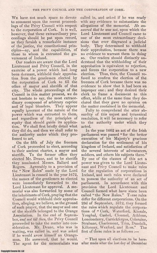 Item #357028 The Privy Council and the Corporation of Cork. A rare original article from the...