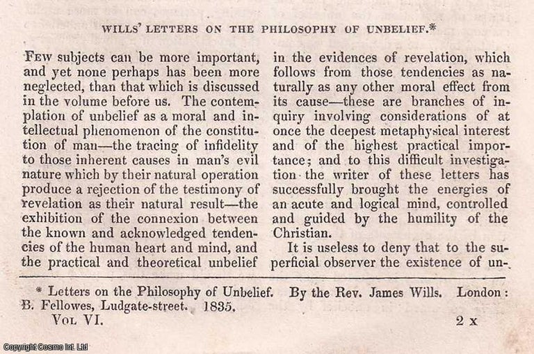 Item #357030 James Wills Letters on The Philosophy of Unbelief. A rare original article from the Dublin University Magazine, 1835. Stated.