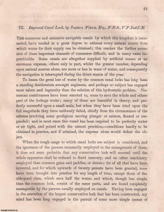 Item #357060 Improved Canal Lock. An article from the Institution of Civil Engineers, 1836. F. R....