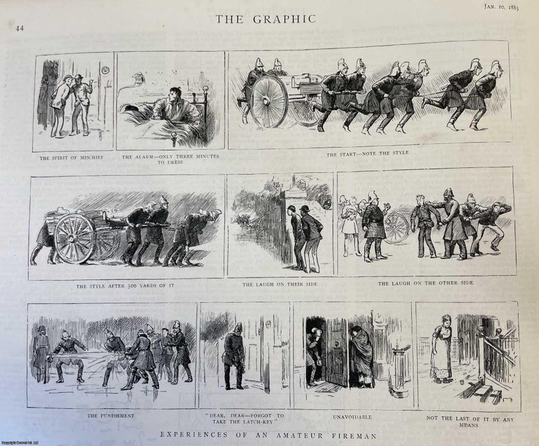 Item #357112 1885, Experiences of an Amateur Fireman. An original illustration from the Graphic Illustrated Weekly Magazine. Stated.