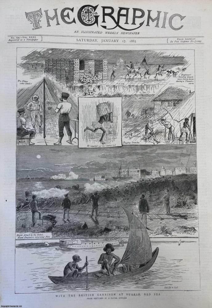 Item #357114 With the British Garrison at Suakim, Red Sea, Sudan. Front page illustration of January 17, 1885. An original print from the Graphic Illustrated Weekly Magazine, 1885. From, a Naval Officer.