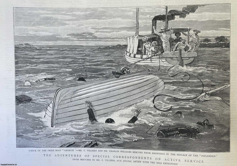 Item #357120 The Wreck of the Press Boat Georgie, Special Correspondents with the Nile Expedition are Rescued. An original illustration from the Graphic Illustrated Weekly Magazine, 1885. F. Villiers.
