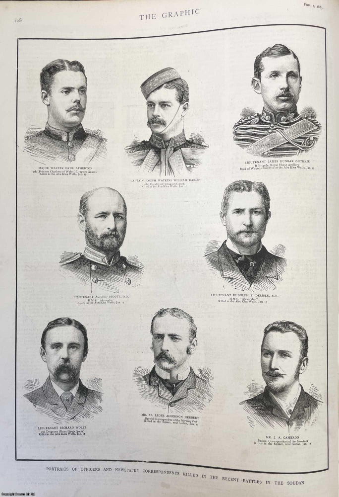 Item #357129 Portraits of Newspaper Correspondents and Officers Killed in the Soudan; incl. Mr St Leger Algernon Herbert (Morning Post) and Mr J.A. Cameron (Standard). An original page from the Graphic Illustrated Weekly Magazine, 1885. War Reporters.