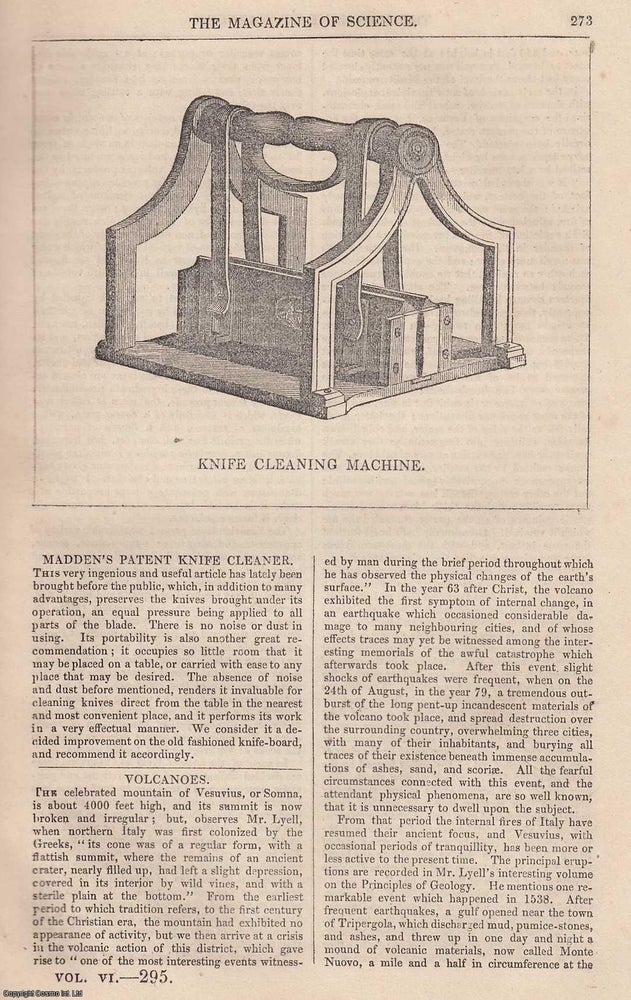Item #357165 1845, Madden's Patent Knife Cleaner. A half page engraving featured in a complete issue of The Magazine of Science and School of Arts. Magazine of Science.