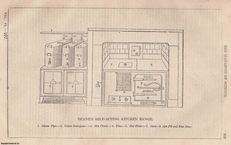 Item #357167 1845, Deane's Self Acting Kitchen Range. A full page engraving featured in a complete issue of The Magazine of Science and School of Arts. Magazine of Science.