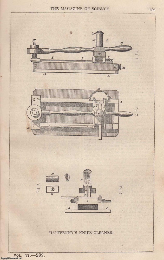 Item #357169 1845, Halfpenny's Knife Cleaner. A full page engraving featured in a complete issue of The Magazine of Science and School of Arts. Magazine of Science.
