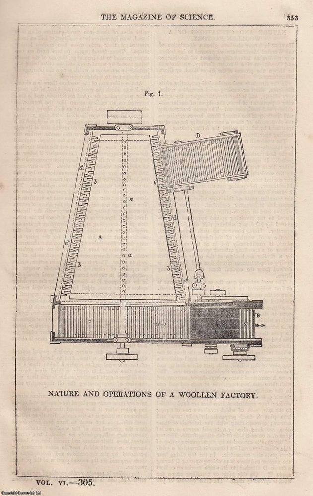 Item #357174 1845, Nature and Operations of a Woollen Factory, the wool mill. A full page engraving featured in a complete issue of The Magazine of Science and School of Arts. Magazine of Science.