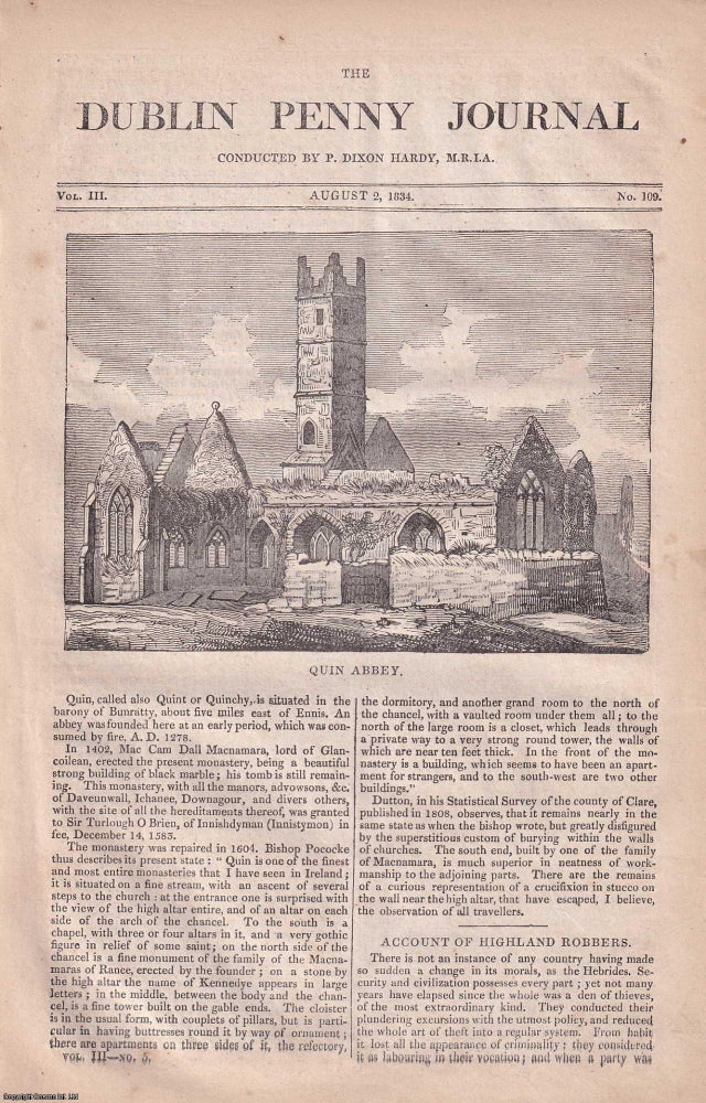 Item #357247 1834, Quin Abbey, and the Old Church at Selsker, Wexford. Featured in a full weekly issue of the uncommon Dublin Penny Journal, conducted by P. Dixon Hardy, M.R.I.A. Dublin Penny Journal.