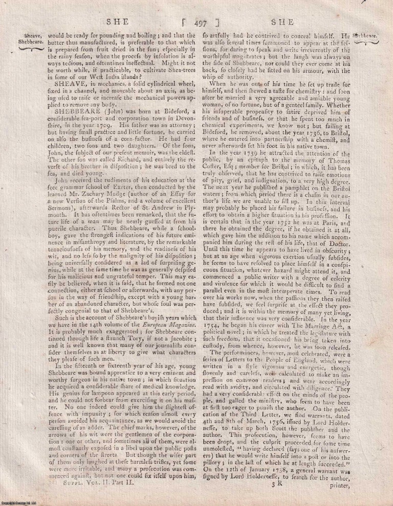 Item #357317 John Shebbeare (1709 - 1799), British Tory political satirist. A rare original article from the Encyclopaedia Britannica, Dublin Edition 1797. George Gleig.