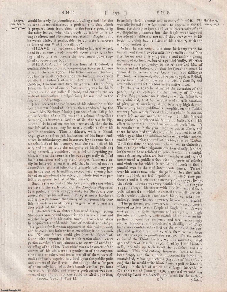 Item #357317 John Shebbeare (1709-1799), British Tory political satirist. A rare original article...