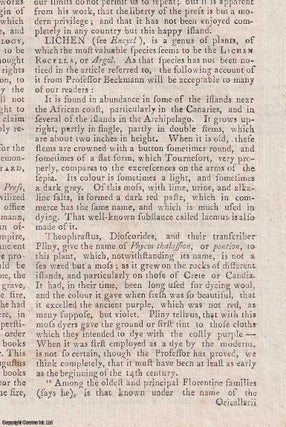 Lichen, the Lichen Recella, or Argol. A rare original article from the Encyclopaedia Britannica, Dublin Edition 1797.