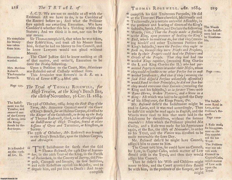 Item #357445 The Trial of Thomas Rosewell, for treasonable Words delivered at a Conventicle, 18th...