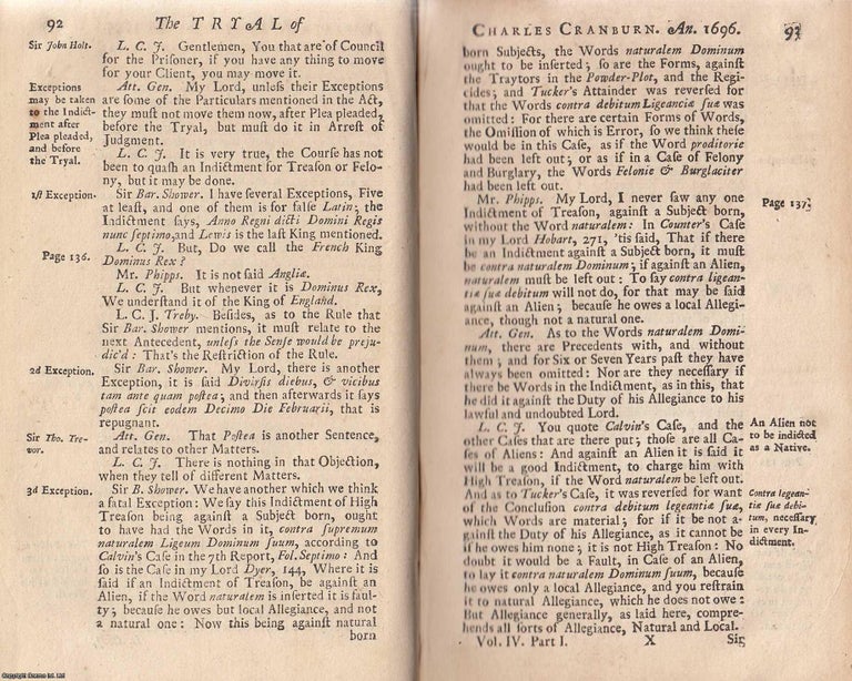 Item #357469 The Trial of Charles Cranburne, for High Treason, April 21, 1696. An original report...