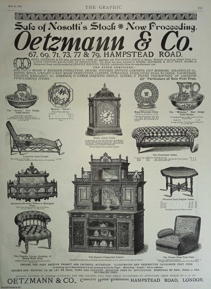 Item #357530 Oetzmann & Co., Complete House Furnishers, Hampstead Road, London. Sale of the Important and Valuable Nosotti's Stock of 93 to 99 Oxford St. Full page advert. An original print from the Graphic Illustrated Weekly Magazine, 1885. Advert.