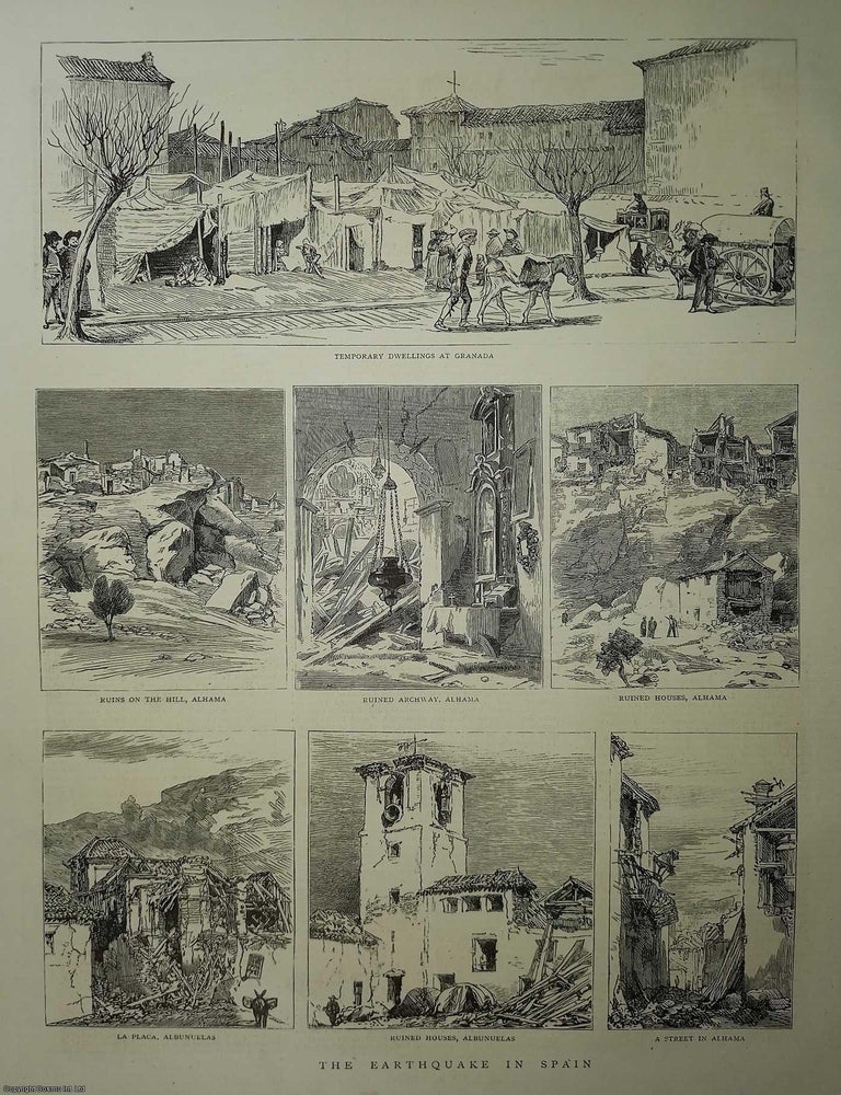 Item #357621 The Earthquake in Spain. An original print featuring 7 views, from the Graphic Illustrated Weekly Magazine, 1885. Earthquakes.