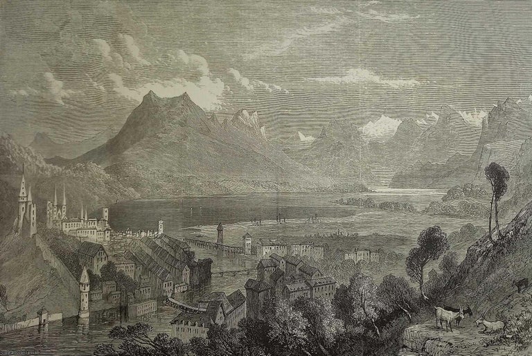 Item #357662 The Queen's View, Lake of Lucerne, from the Pension Wallis, by Collingwood Smith. An original woodcut engraving from the Illustrated London News, 1869. SWITZERLAND.
