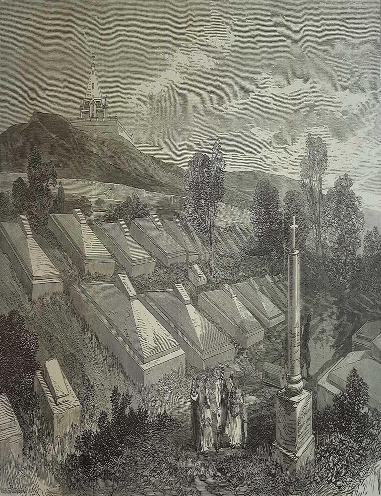 Item #357666 The Crimea Revisited: The Russian Cemetery, north side of the Harbour of Sebastopol. An original woodcut engraving from the Illustrated London News, 1869. A rare, original print from The Illustrated London News, carefully removed and preserved : an important artifact of journalism's golden age! THE CRIMEA : ILLUSTRATED LONDON NEWS.