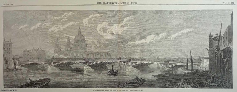 Item #357749 Queen Victoria Opening Blackfriars New Bridge. An original woodcut engraving from the Illustrated London News, 1869. BLACKFRIARS NEW BRIDGE.