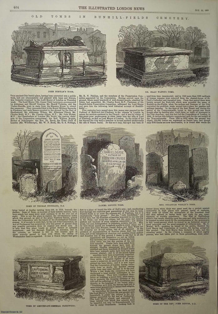Item #357768 Old Tombs in Bunhill Fields Cemetery. An original woodcut engraving from the Illustrated London News, 1869. CEMETERY.