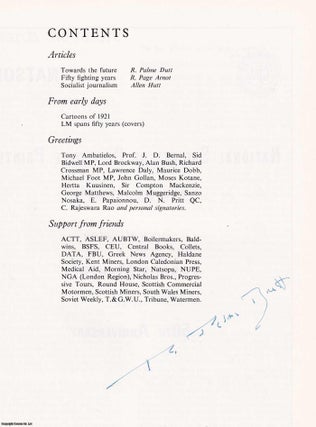SIGNED: Labour Monthly Golden Jubilee Souvenir. 50 Years Unbroken Service to the Labour Movement. With articles by R. Palme Dutt (signature on title page), R. Page Arnot, & Allen Hutt. Published by Labour Monthly 1971.