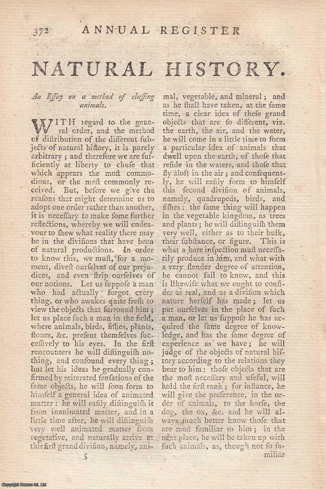 Item #358029 An Essay on a method of classing animals. An original article from the Annual Register for 1759. Edmund Burke.