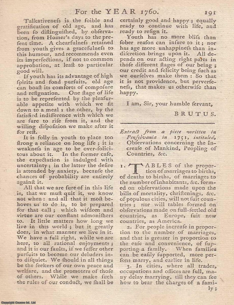 Item #358044 Observations concerning the Increase of Mankind and Peopling of Countries. Extract from a piece written in Pennsylvania in 1751. An original article from the Annual Register for 1760. HOW NATIONS GROW: EARLY AMERICAN REFLECTIONS ON POPULATION AND SETTLEMENT.