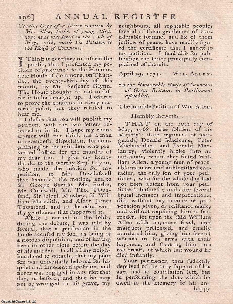 Item #358200 A Letter by Mr Allen, father of young Allen, who was murdered on the 10th of May,...