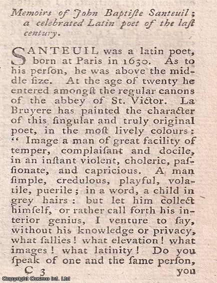 Item #358210 Memoirs of John Baptiste Santeuil, a celebrated Latin poet of the 17th century. An...
