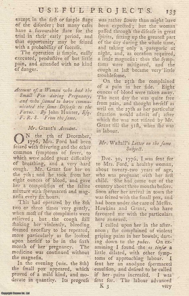 Item #358332 A Woman who had the small Pox during Pregnancy, and who seemed to have communicated in the same Disease to the Foetus, by John Hunter. An original article from the Annual Register for 1780. Annual Register.
