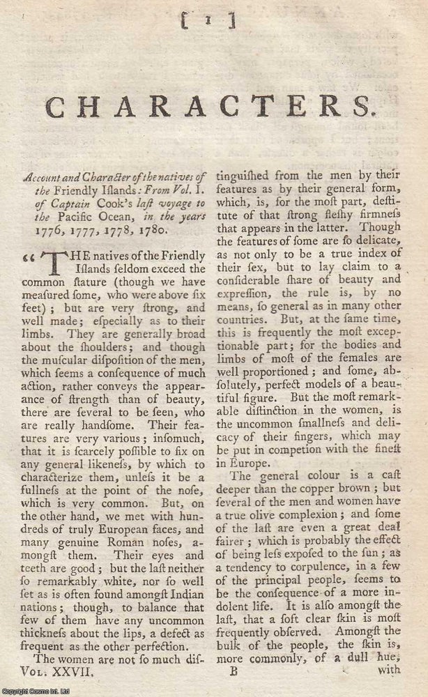 Item #358380 Account and Character of the Natives of the Friendly Islands, the Natives of Otaheite (Tahiti), the Natives of the Sandwich Islands , by Captain Cook. An original article from The Annual Register for 1784-85. Annual Register.