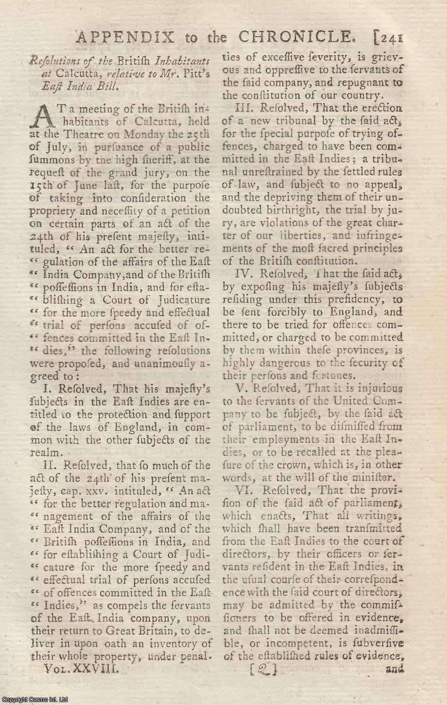British Resolution Resolutions of the British Inhabitants at Calcutta, relative to Mr ...