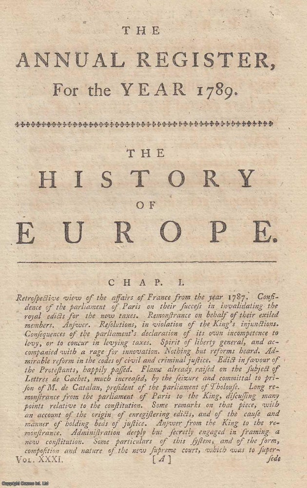 Item #358435 The History of Europe, for the year 1789. An original article from The Annual Register for 1789. Annual Register.